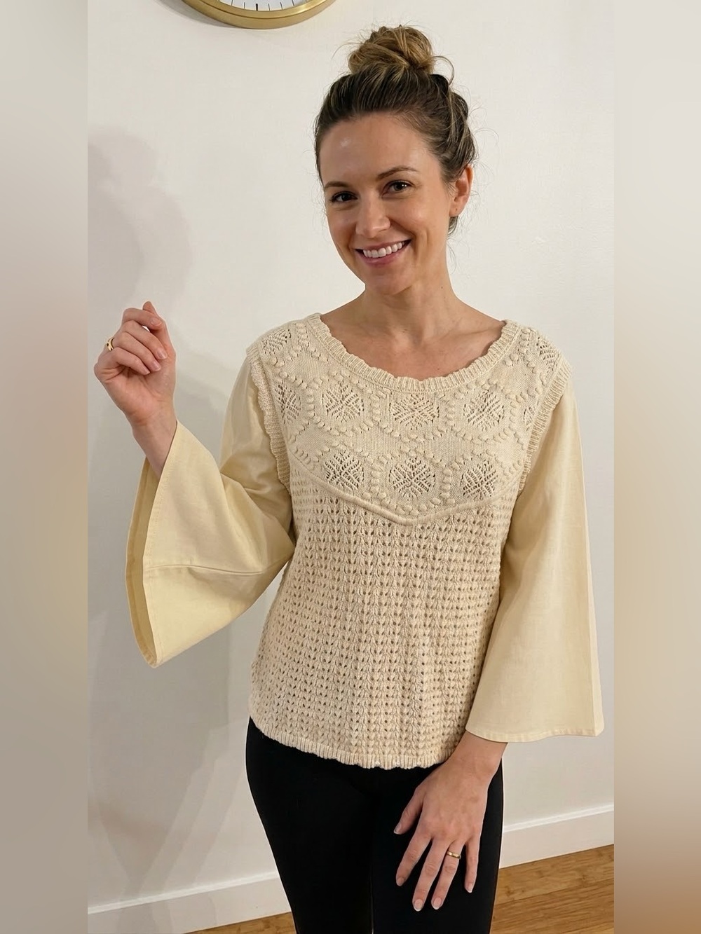 ANOTHER LOVE Cream Knit Sweater with Sheer Sleeves medium